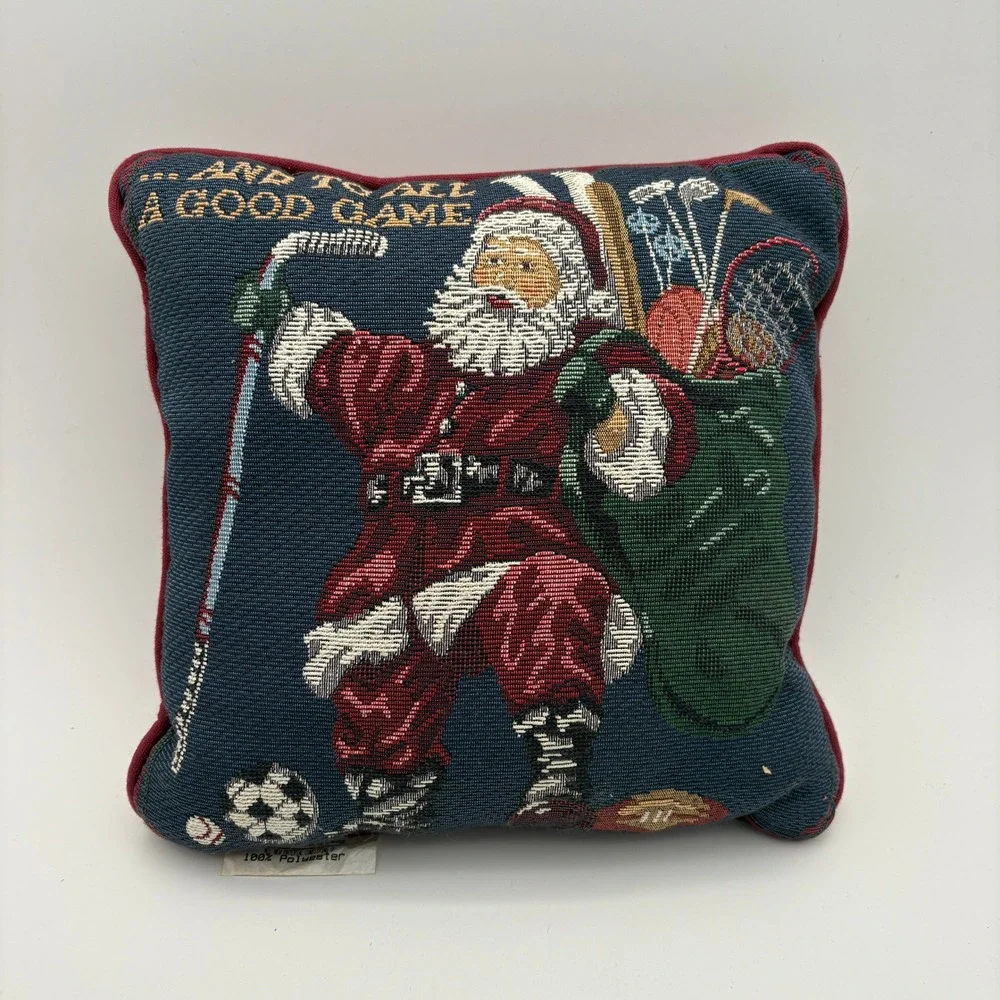 Vintage‎ Woven Tapestry Sports Santa Christmas Decorative Pillow Blue Burgundy
